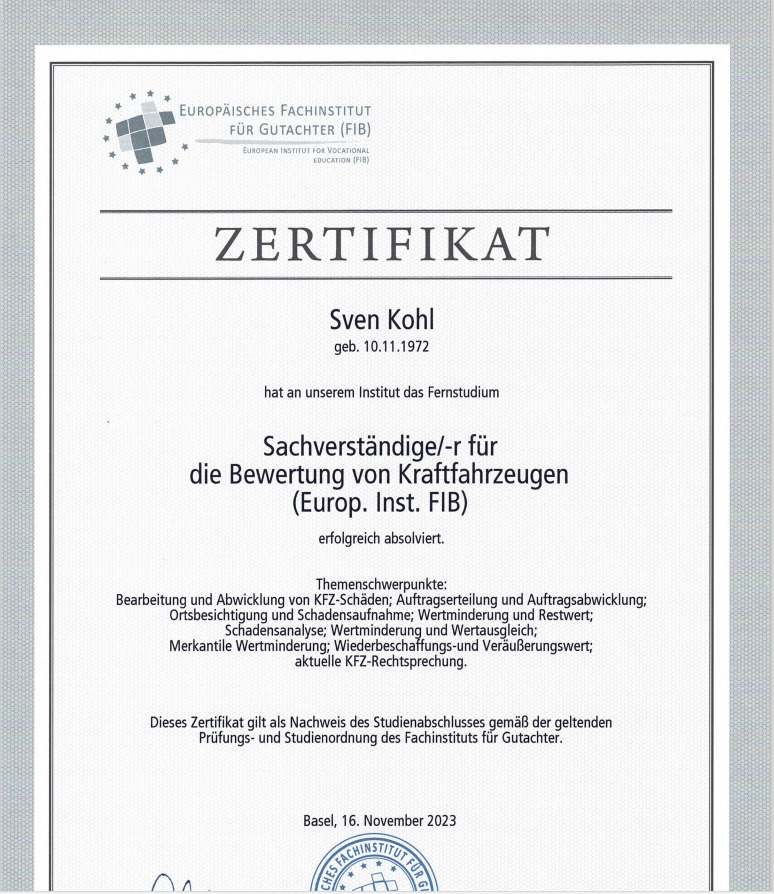 Zertifikat Studienabschluss Kfz-Sachverständiger für Kfz-Bewertungen nach DIN EN ISO/IEC 17024